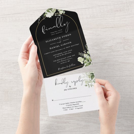 Eindelijk Black Gold Arch Greenery Floral Wedding All In One Uitnodiging (Afscheurbaar)