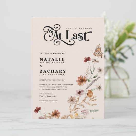 Eindelijk Boho Wildflower bruiloft Kaart (Staand voorkant)