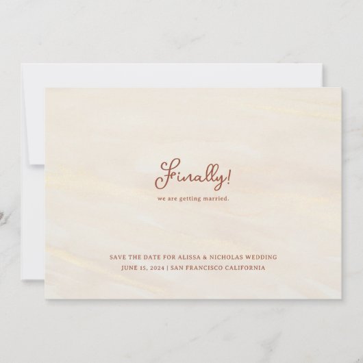 Eindelijk! Borstel Goud & Terracotta Script Bruilo Save The Date (Voorkant)