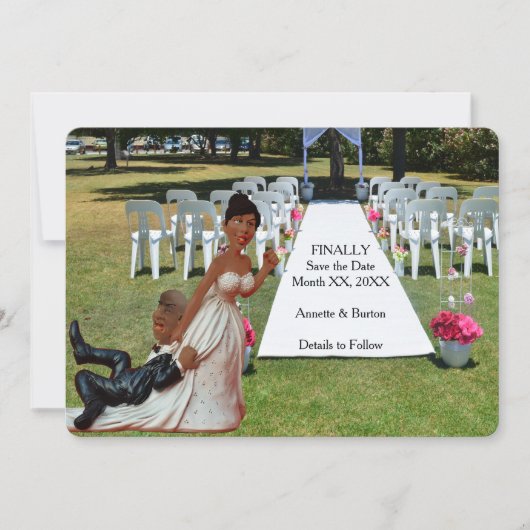 Eindelijk bruiloft grappig zwart paar save the date (Voorkant)