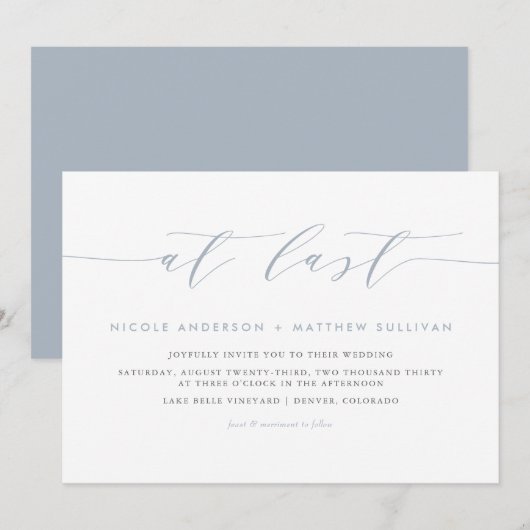 Eindelijk Dusty Blue Minimalist Script Wedding Kaart (Voorkant / Achterkant)