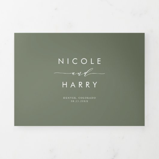 Eindelijk een groene minimalistische scriptbruilof drieluik uitnodiging (Cover)