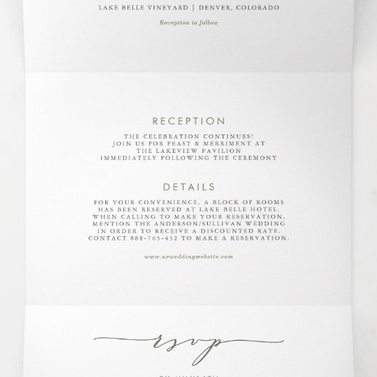 Eindelijk een groene minimalistische scriptbruilof drieluik uitnodiging (Binnenkant midden)