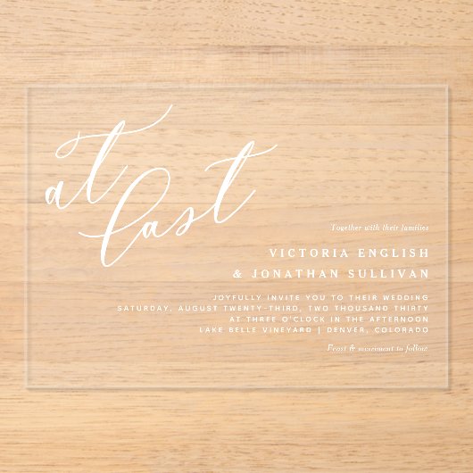 Eindelijk een witte moderne kalligrafie bruiloft acryl uitnodigingen (Voorkant)