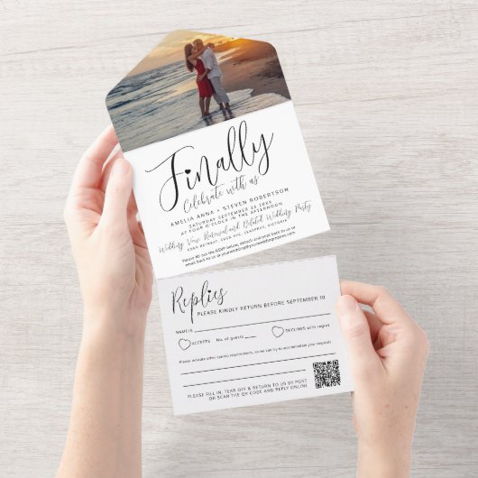 Eindelijk foto-mono achtergelaten QR-code optie br All In One Uitnodiging (Afscheurbaar)