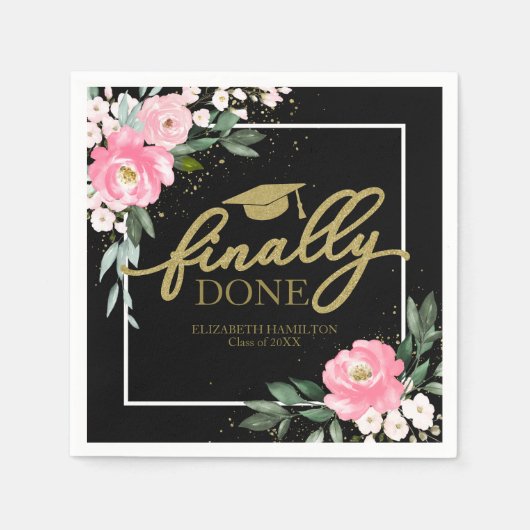 Eindelijk gedaan Hot Pink Floral Graduation Party Servet (Voorkant)