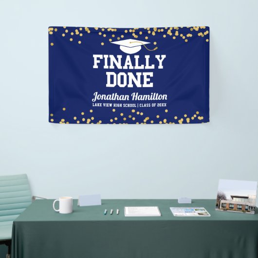 Eindelijk gedaan Navy Blue Graduation Party Spandoek (Beurs)