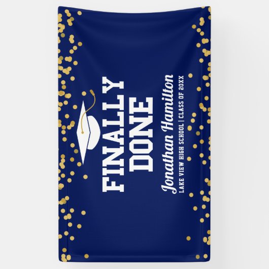 Eindelijk gedaan Navy Blue Graduation Party Spandoek (Verticaal)