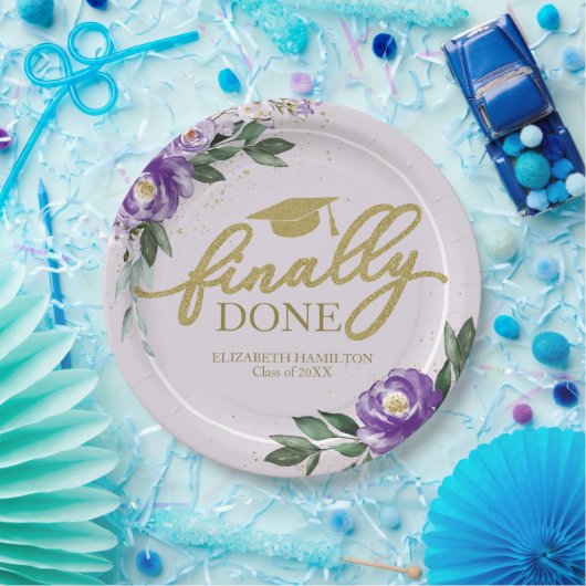Eindelijk gedaan Paarse Bloemen Graduation Party Papieren Bordje (Feest)