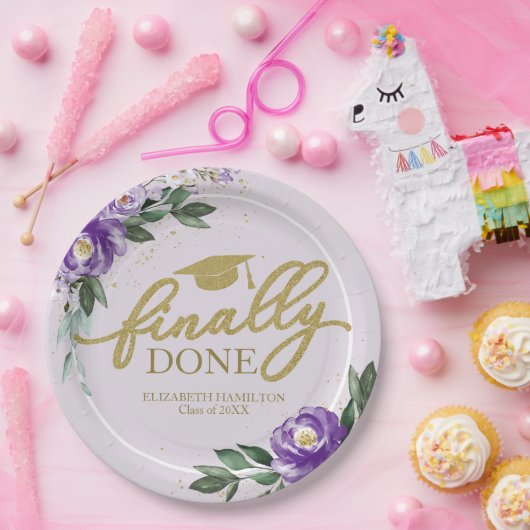 Eindelijk gedaan Paarse Bloemen Graduation Party Papieren Bordje (Feest)