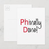 Eindelijk gedaan, PhD afstuderen, afstuderen cadea Aankondigingskaart (Voorkant / Achterkant)