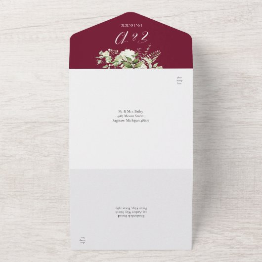 Eindelijk Gold Arch Burgundy Greenery Wedding All In One Uitnodiging (Buitenkant)