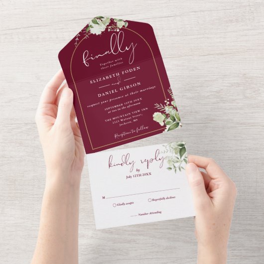 Eindelijk Gold Arch Burgundy Greenery Wedding All In One Uitnodiging (Afscheurbaar)
