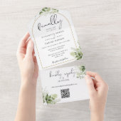 Eindelijk Gold Arch Greenery Floral QR Code Weduws All In One Uitnodiging (Afscheurbaar)