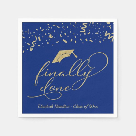 Eindelijk Gold Script Blue Graduation Party Servet (Voorkant)