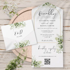 Eindelijk Gouden Boog Groene Bloemen QR Code Trouw All In One Uitnodiging