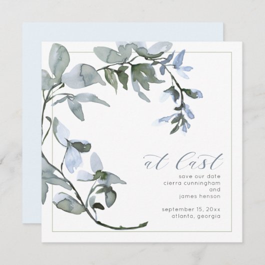 Eindelijk groene Powder Blue Floral Save The Date (Voorkant / Achterkant)