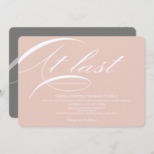 Eindelijk kalligrafie Elegant Soft Pink Gray Wedde Kaart (Voorkant / Achterkant)