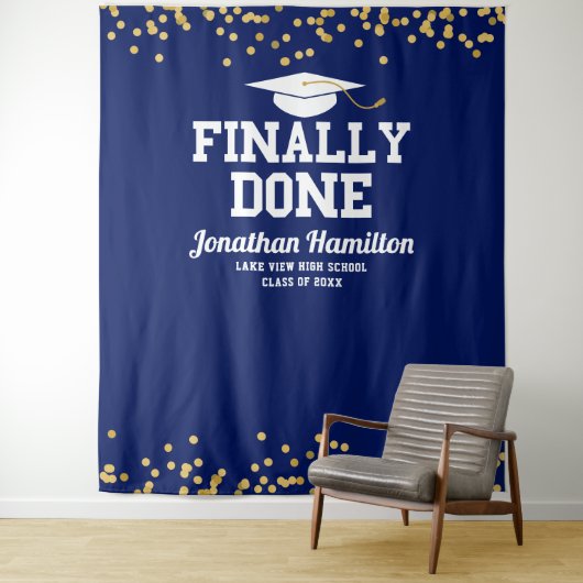 Eindelijk klaar Navy Blue Afstudeerfeest Achtergro Wandkleed (In situ)