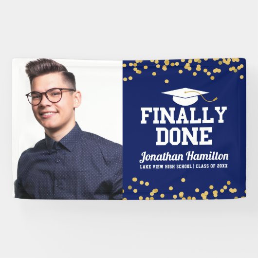 Eindelijk Klaar Navy Blue Afstudeerfeest Foto Spandoek (Horizontaal)