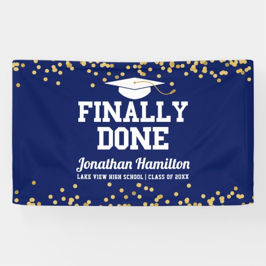 Eindelijk klaar Navy Blue Afstudeerfeest Spandoek (Horizontaal)