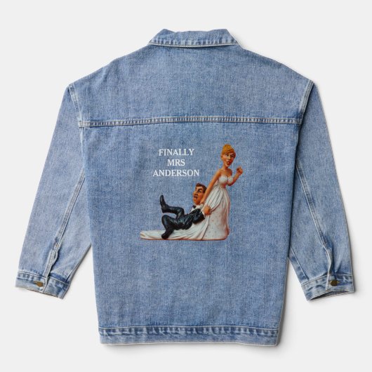 Eindelijk mevrouw naam grappig beeldje bruiloft pa denim jacket (Achterkant)