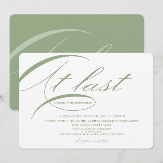 Eindelijk Modern Calligraphy Wedding Green Kaart (Voorkant / Achterkant)