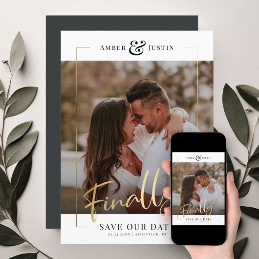 Eindelijk! | Modern Gold Square Photo Elegant Fun Save The Date