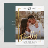 Eindelijk! | Modern Gold Square Photo Elegant Fun  Save The Date (Voorkant / Achterkant)