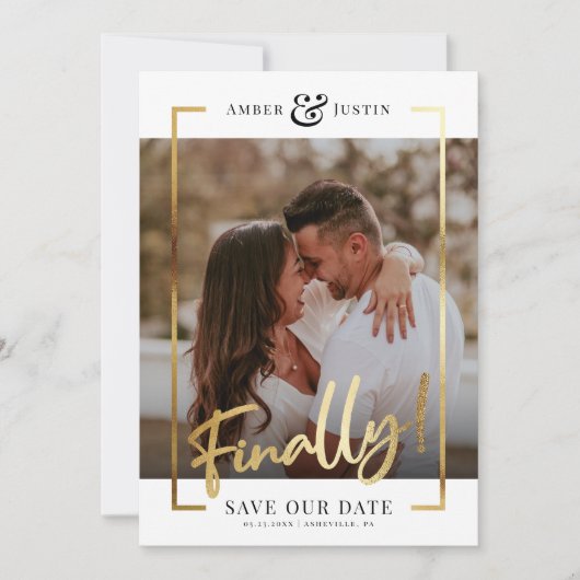 Eindelijk! | Modern Gold Square Photo Elegant Fun Save The Date (Voorkant)