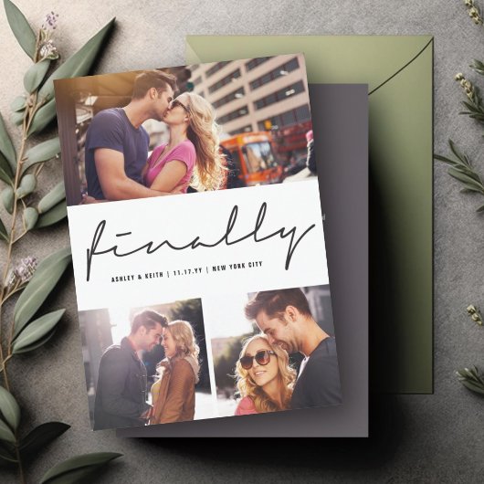 Eindelijk Modern Script Trouwdesign met 3 foto's Save The Date