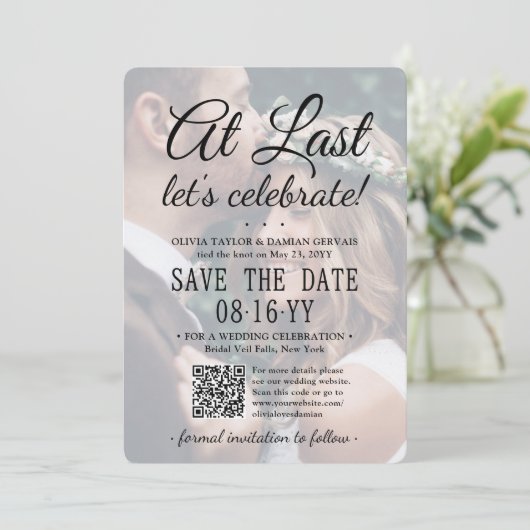 Eindelijk QR-code en foto-overlay bruiloft Save The Date (Staand voorkant)