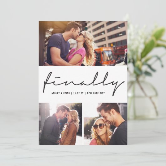 Eindelijk Script Modern 3-Foto Trouwontwerp Save The Date (Staand voorkant)