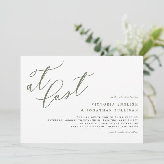 Eindelijk Taupe Green Modern Calligraphy Wedding Kaart (Staand voorkant)
