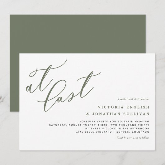 Eindelijk Taupe Green Modern Calligraphy Wedding Kaart (Voorkant / Achterkant)