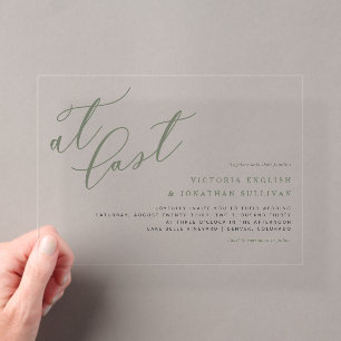 Eindelijk Taupe Groen Moderne Calligrafie Bruiloft Acryl Uitnodigingen