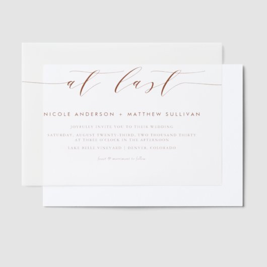 Eindelijk Terracotta minimalistisch script bruilof Vellum Uitnodigingen (Offset)