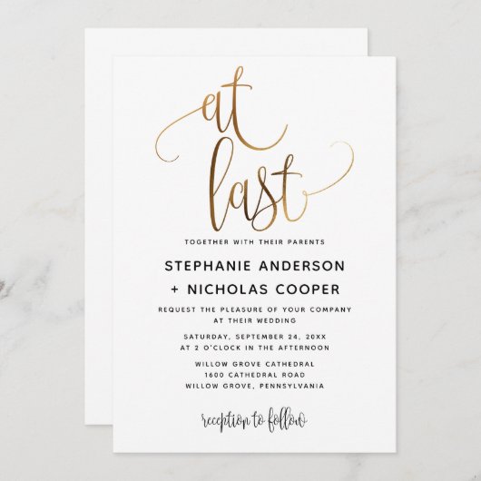 Eindelijk zwart goud script typografie bruiloft kaart (Voorkant / Achterkant)