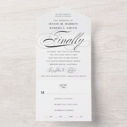 Eindelijk zwart-wit kalligrafie bruiloft all in one uitnodiging (Binnen)