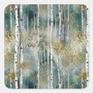 Eindeloze Berkenboom Dreamscape Bomen in Mist Vierkante Sticker