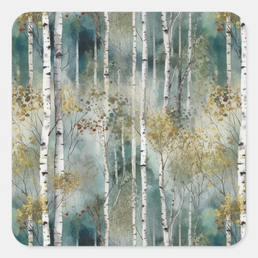 Eindeloze Berkenboom Dreamscape Bomen in Mist Vierkante Sticker (Voorkant)