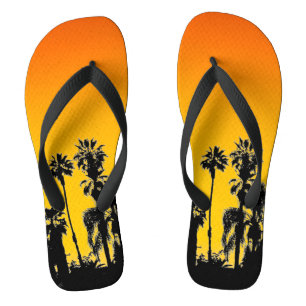 Eindeloze Zomer Palmboom Zonsondergang Oranje Geel Teenslippers