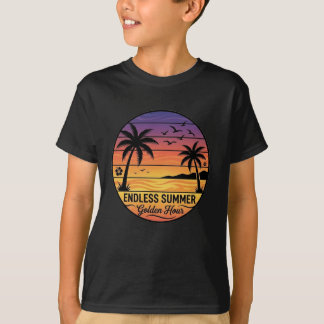 Eindeloze Zomer Zonsondergang Palmboom Retro Stran T-shirt