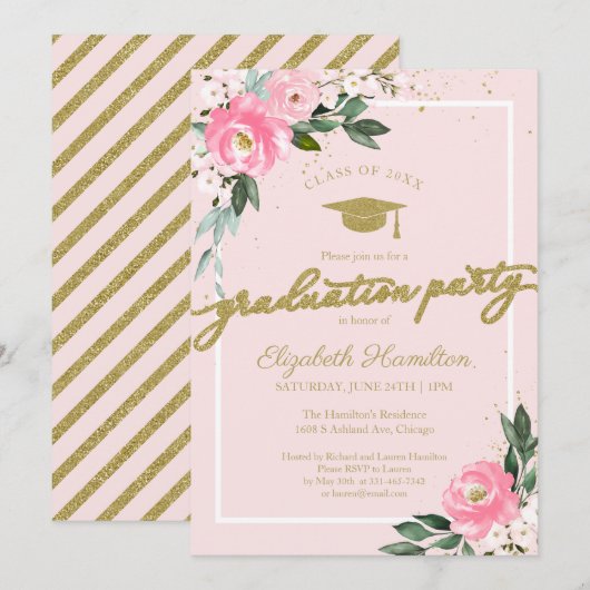 Eindexamenfeest Roze Bloemen Kaart (Voorkant / Achterkant)