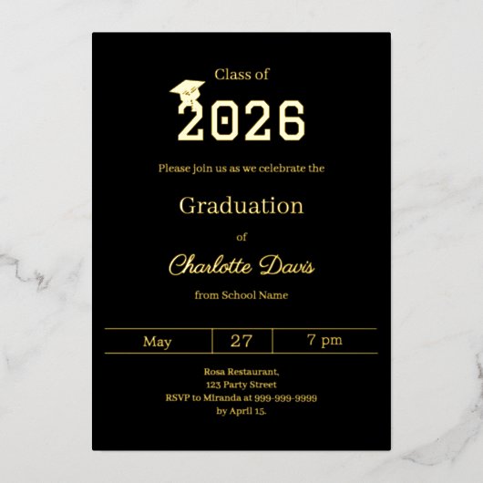Eindexamenfeest zwart goud klas 2026 luxe folie uitnodiging (Voorkant)