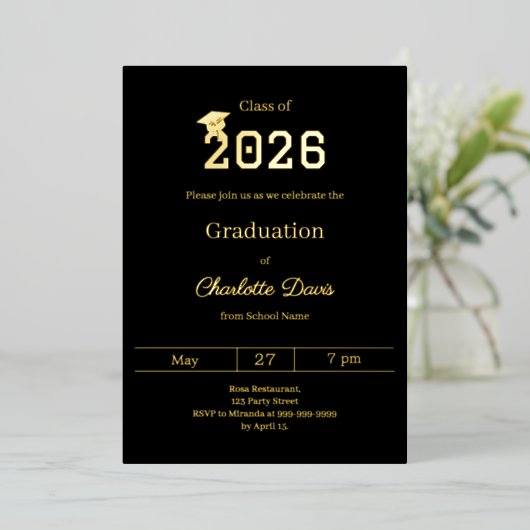 Eindexamenfeest zwart goud klas 2026 luxe folie uitnodiging (Staand Voorkant)