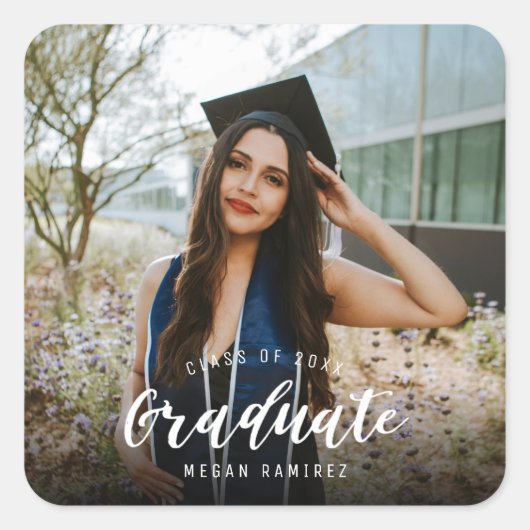 Eindexamenfoto middelbare school vierkante sticker (Voorkant)