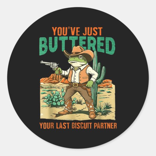 Eindigde als laatste biscuitpartner cowboy kikker ronde sticker (Voorkant)