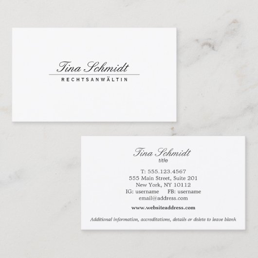Einfache Elegante Rechtsanwalt Weiß Visitenkarte Visitekaartje (Voorkant / Achterkant)