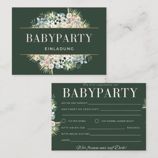 Einladung Babyparty – Gold Grün Floral Babyshower Notitiekaartje (Voorkant / Achterkant)